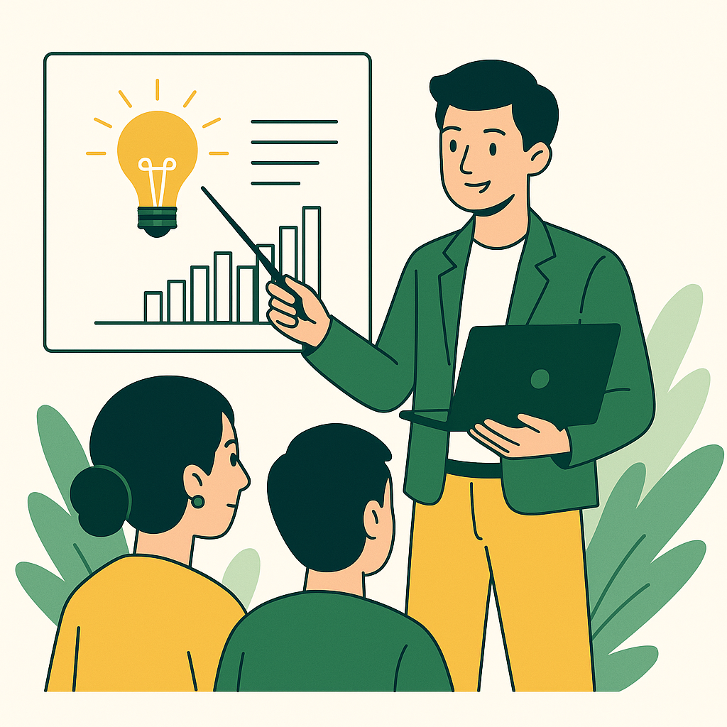 Ilustrasi wirausaha muda sedang pitching & diskusi